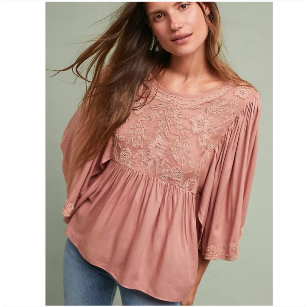 Love Sam Anthropologie Beaded Flutter Sleeve Blouse